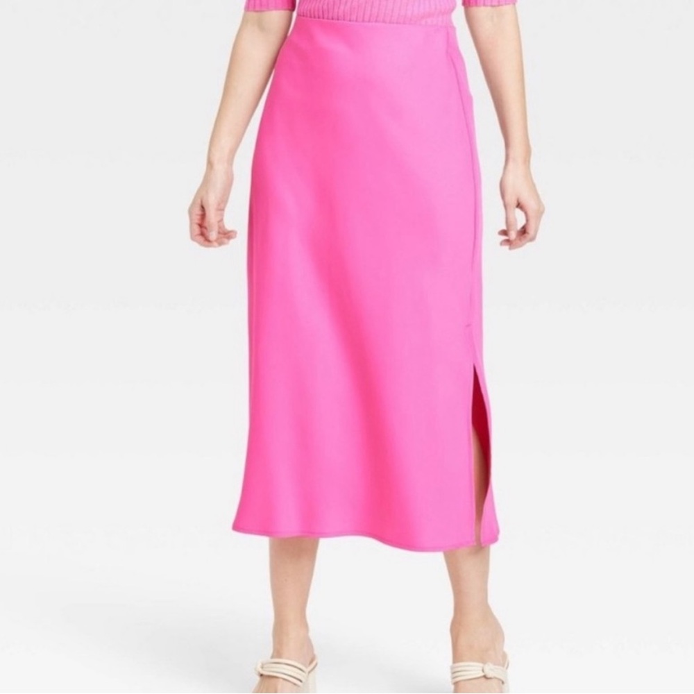 Pink Satin Midi Skirt
